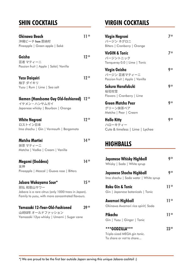 SHIN Cocktails menu